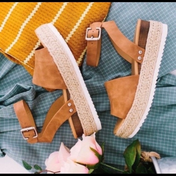 Shoes - Last Pair! Tan Vegan Leather Wedge Sandals!